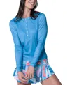 Lucky In Love Linen Play Henley Top In Blue