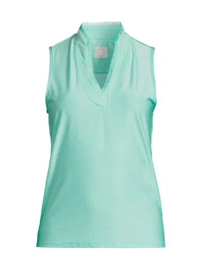 Lucky In Love Women's Eyelet You Win Pleated Placket Sleeveless Top In Green