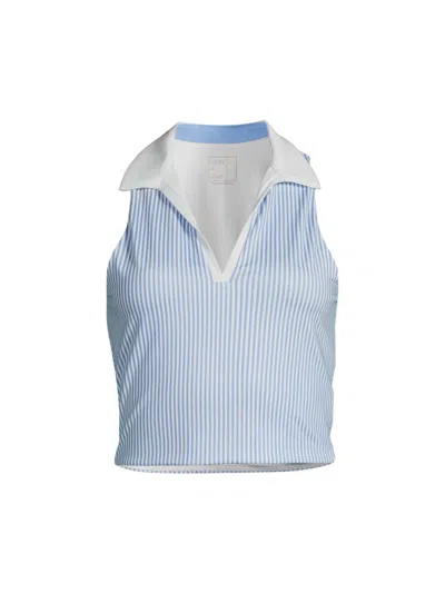 Lucky In Love Women's Linen Noveau Striped Polo Tank In Blue