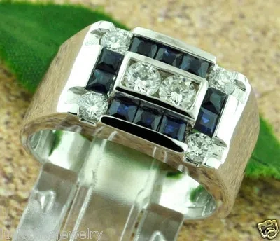 Pre-owned Luckyfinejewelry 1.54 Ct 14k Solid White Gold Men's Diamond & Sapphire Ring Classy 9.00 Grams