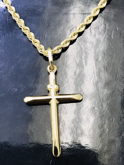 Pre-owned Luckyhhhjewelry Real 14k Yellow Gold Hollow Rope Chain Necklace With Cross 4.50 Grams 24 Inch