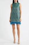 Lucy Paris Alyssa Jacquard Feather Trim Sleeveless Minidress In Blue