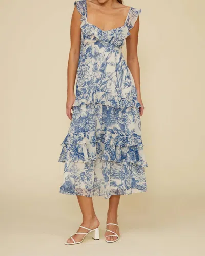 Lucy Paris Cassandra Tiered Midi Dress In Blue Floral