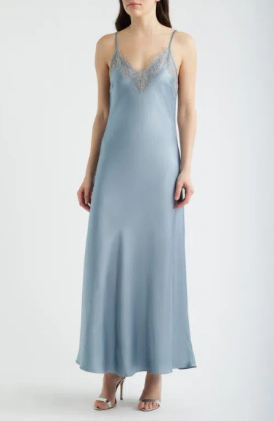 Lucy Paris Cassias Lace Detail Sleeveless Satin Gown In Blue