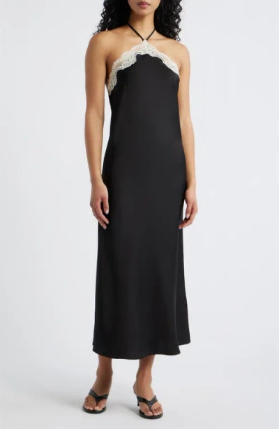 Lucy Paris Celia Lace Trim Halter Satin Dress In Black