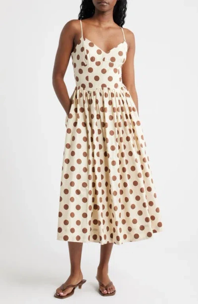 Lucy Paris Everly Dot Sleeveless Midi Dress In Brown