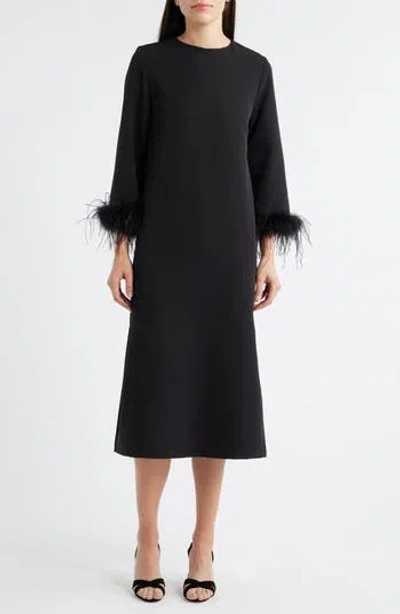 Lucy Paris Mariam Feather Trim Long Sleeve Cocktail Midi Dress In Black