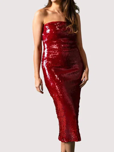 LUCY PARIS NICOLE SEQUINED STRAPLESS MIDI DRESS IN RED