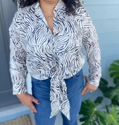 Lucy Paris Rue Zebra Button Down Shirt In Navy/ivory In White