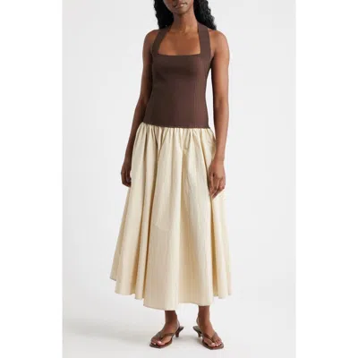 Lucy Paris Sevilla Mixed Media Halter Maxi Dress In Brown