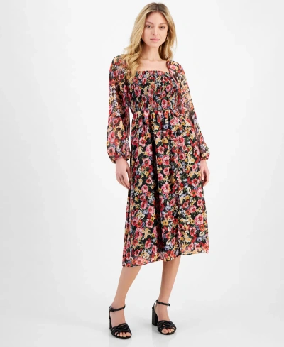 Lucy Paris Women's Floral-print Smocked Midi Dress In Dark Grounded Bright Floral
