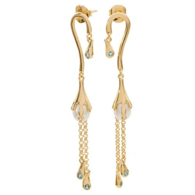 Lucy Quartermaine Women's Pearl Drop Earrings With Blue Swarovski Crystals In 18ct Gold Vermeil