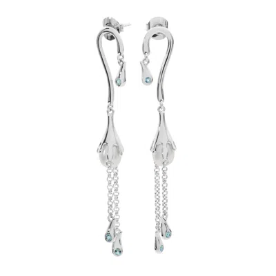 Lucy Quartermaine Women's Silver Pearl Drop Earrings With Blue Swarovski Crystals