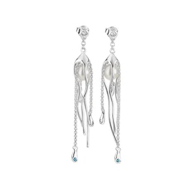 Lucy Quartermaine Women's Silver Pearl Drop Hug Earrings With Blue Swarovski Crystals In Metallic