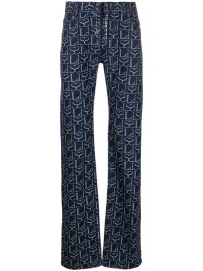 Ludovic De Saint Sernin Straight Fit Monogram Denims With Lace-up Detail 23cm In Blue