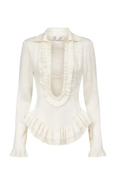 Ludovic De Saint Sernin Duchesse Plunging Neckline Silk Top In White