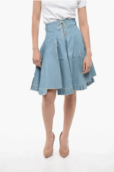 Ludovic De Saint Sernin Pleated Denim Skirt With Lace-up Detail In Black