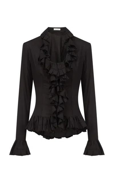 Ludovic De Saint Sernin Ruffle-trimmed Long Sleeve Linen Top In Black
