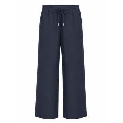 Luella Fashion Women's Blue Linen Trousers Elastic Waistband Drawstring Navy
