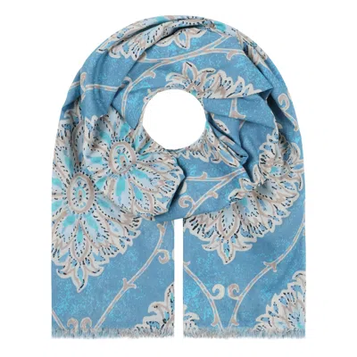 Luella Fashion Women's Blue / Neutrals Large Cotton Scarf Printed Pattern Denim In Multi
