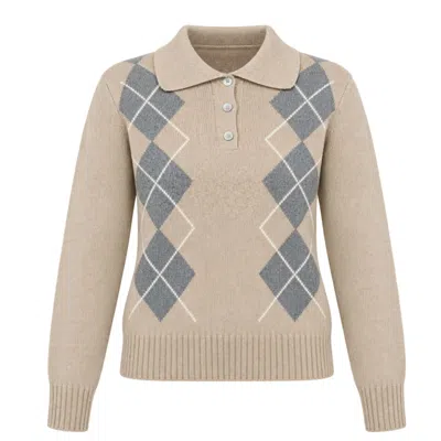 Luella Fashion Women's Neutrals Argyll Cashmere Blend Button-up Collar Pattern Jumper In Camel & Grey In Beige/gray