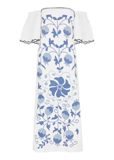 Lug Von Siga Aisha Uzbek Embroidered Linen Midi Dress In White