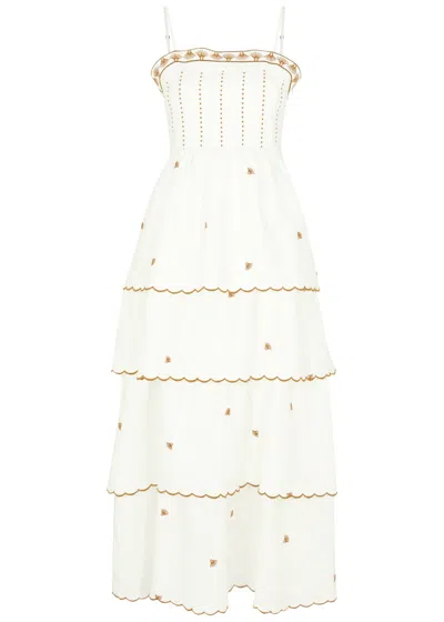 Lug Von Siga Aurora Embroidered Linen-blend Midi Dress In Off White