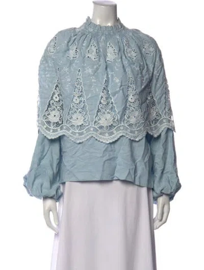 Pre-owned Lug Von Siga Floral Print Mock Neck Blouse In Blue
