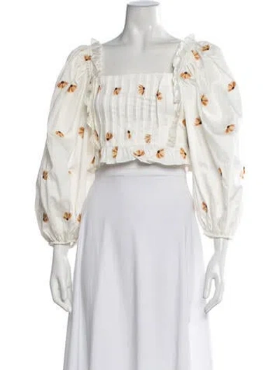 Pre-owned Lug Von Siga Floral Print Square Neckline Blouse W/ Tags In White