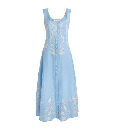 Lug Von Siga Linen Embroidered Mila Midi Dress In Blue