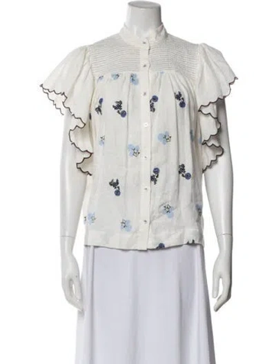 Pre-owned Lug Von Siga Linen Floral Print Blouse In White
