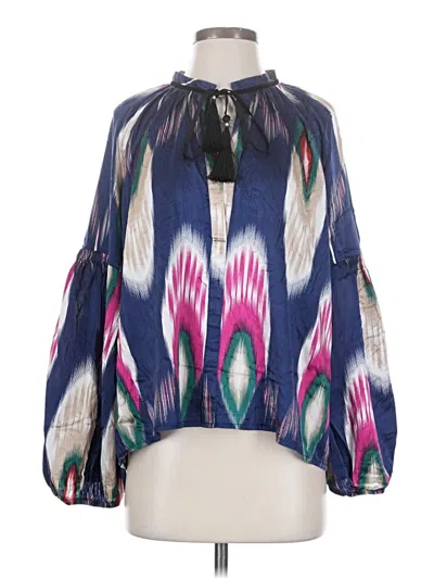 Pre-owned Lug Von Siga Long Sleeve Silk Top Blue Keyhole Neckline Tops