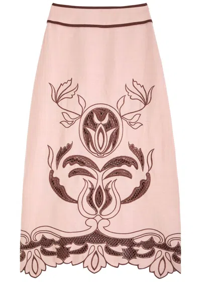 Lug Von Siga Rosalie Embroidered Linen Midi Skirt In Pink