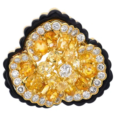 Pre-owned Lugano 11.10 Carat Diamond Yellow Sapphire 18k Yellow Gold Enamel Flower Brooch