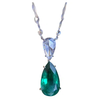 Pre-owned Lugano 7 Carat Emerald & Diamond Necklace 18k White Gold