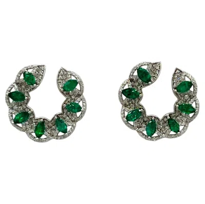 Pre-owned Lugano Estate  Emerald Marquise & White Diamond Round Earrings In 18k White Gold