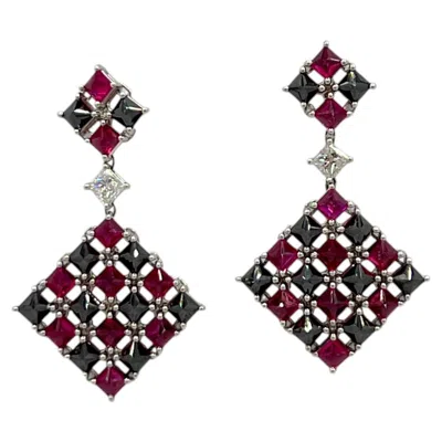 Pre-owned Lugano Estate  Ruby And Black Diamond Dangle Earrings In 18k White Gold