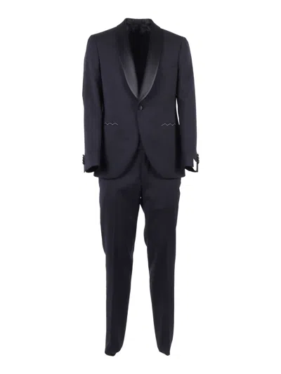 Luigi Bianchi Black Satin Shawl Collar Suit In Blue