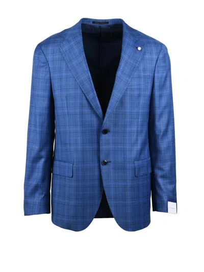 Luigi Bianchi Checkered Blue Virgin Wool Blazer With Notch Lapels
