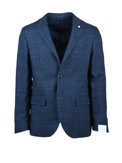 Luigi Bianchi Linen-cotton Blend Fitted Jacket With Subtle Check Pattern In Blue