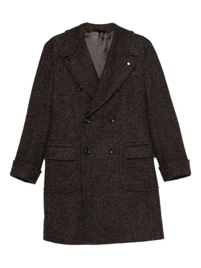 Luigi Bianchi Mantova Double-breasted Herringbone Coat With Tailored Fit In Brown