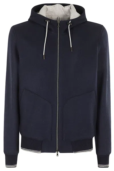 Luigi Bianchi Mantova Jersey Di Lana Zip E Cappuccio Bordi Contrasto In Blu