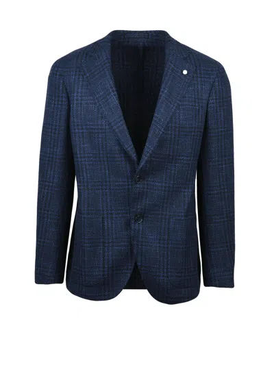Luigi Bianchi Round Silhouette Blue Wool-silk Jacket With Subtle Check Pattern In Multi