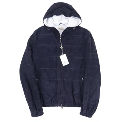 Pre-owned Luigi Borrelli Quilted Soft Nappa Suede Leather Hooded Jacket M (eu 50) In Blue