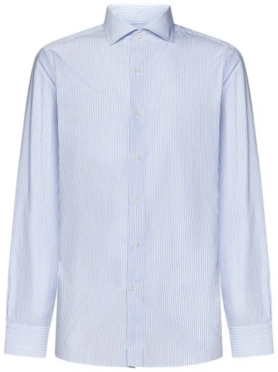 Luigi Borrelli White Cotton Poplin Shirt In Blue