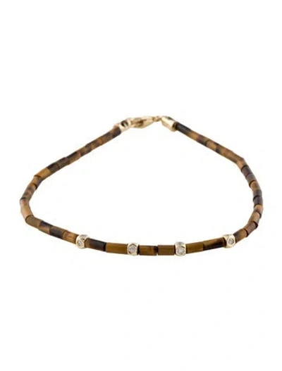 Pre-owned Luis Morais 14k Tiger's Eye Quartz & Diamond Mini Tetras Bead Bracelet, 7.25" In Multi