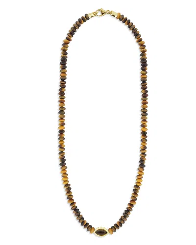 Luis Morais Men's 14k Yellow Gold Large Citrine Eye Of The Idol Tiger's Eye Beaded Necklace, 19