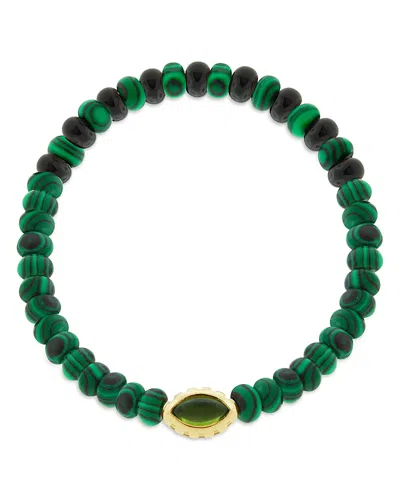 Luis Morais Men's 14k Yellow Gold Peridot Eye Of The Idol Malachite & Onyx Beaded Bracelet In Green/gold