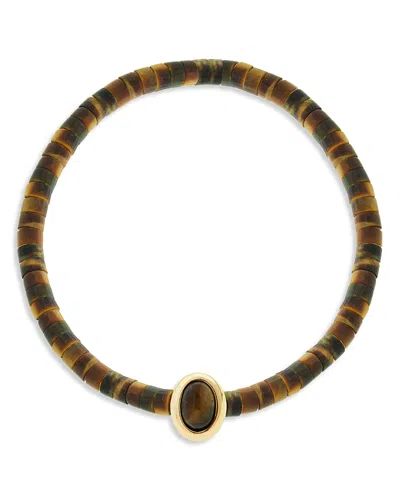 Luis Morais Men's 14k Yellow Gold Tiger's Eye Oval Eye Of The Idol Beaded Bracelet