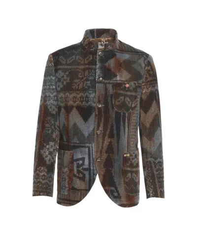 Luis Trenker Patchwork Knit Blazer With Stand-up Collar And Artistic Flair In Multi